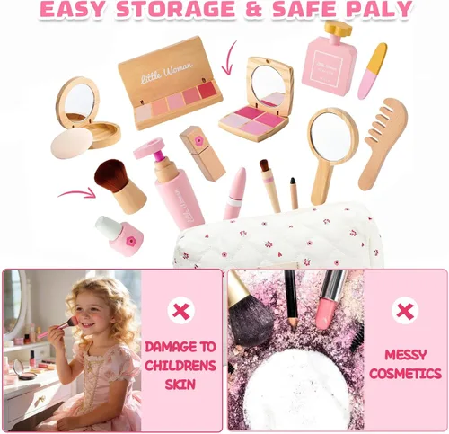 Miniatura 3 de Set de juguetes de maquillaje de madera para niñas: juego de maquillaje de simulación para niños pequeños de 3 a 5 años - Set de maquillaje
