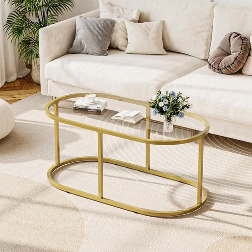 Miniatura 7 de Mesa de centro de cristal dorado Mesas de centro para sala de estar, Mesa ovalada Mesa central con marco de metal resistente, Mesas decorativas