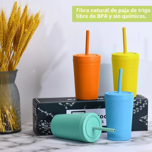 Miniatura 2 de Homestockplus Vasos reutilizables de paja de trigo con tapas y pajitas de silicona, 10 Oz resistentes a las astillas, tazas pequeñas de agua Varios