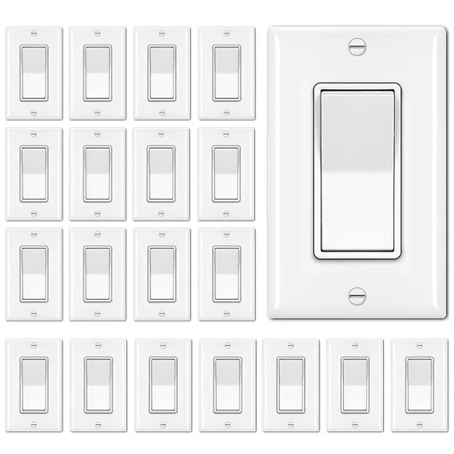 BESTTEN Paquete de 20 interruptores decorativos de pared de 3 vías con placa de pared, 15 A, 120 V/277 V, un solo polo o tres vías, interruptor de