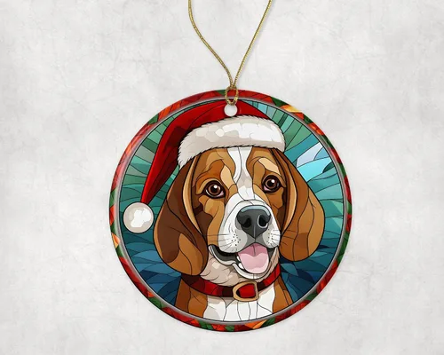 Miniatura 3 de Beagle - Adorno de cerámica con vitrales de Navidad, adorno colgante para árbol de Navidad, regalo religioso para cristianos impreso en ambos lados