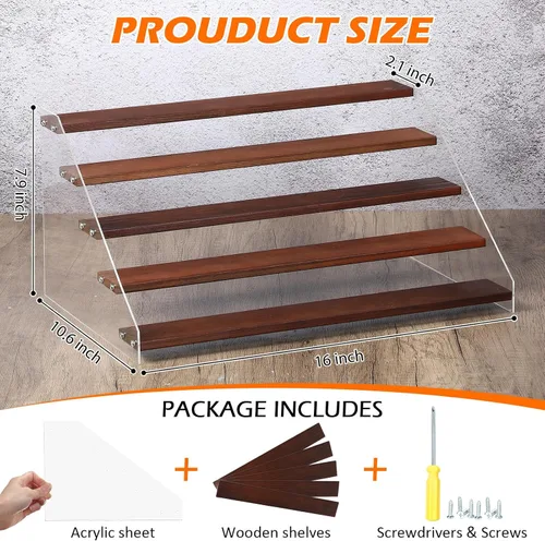 Miniatura 2 de Queekay Paquete de 4 soportes elevadores grandes de madera acrílica transparente de 5 niveles para eventos de proveedores, organizador de perfumes