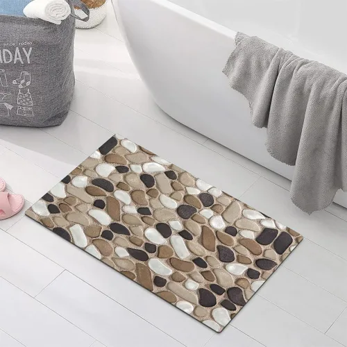 Miniatura 7 de Alfombra de baño con estampado de piedra de guijarro, antideslizante, lavable, patrón de adoquines, tapete de baño pequeño con parte trasera