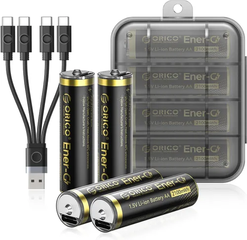 ORICO Ener-G - Batería de iones de litio recargables AA con cable de carga Tpye C, paquete de 4 baterías dobles A de 1.5 V 2100 mWh, capacidad de