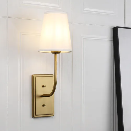 Aplique de pared vintage de latón con pantalla de tela blanca, lámpara de pared interior con cable para dormitorio, sala de estar, tocador y baño