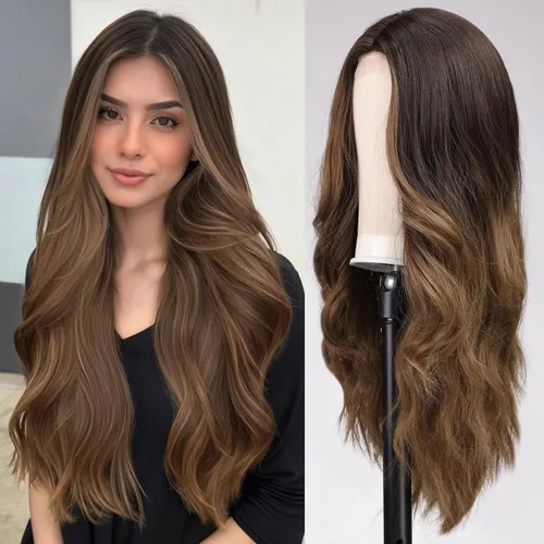 Miniatura 9 de EMMOR Peluca larga y ondulada marrón mixta para mujer, pelucas de encaje frontal, aspecto natural, 26 pulgadas, parte media, peluca rizada