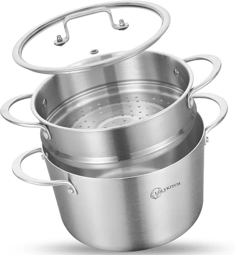 LOLYKITCH Olla de Stock de Acero Inoxidable de Tres Capas de 3 QT con Tapa y Vaporera, Olla de Cocina por Inducción, Utensilios de Cocina al Vapor,