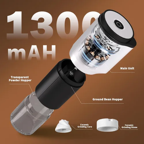 Miniatura 3 de Molinillo de café eléctrico portátil compacto, cuenta con una batería recargable integrada de 1300 mAh, ajustes de molienda ajustables para granos