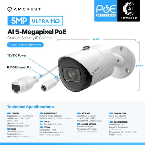 Miniatura 7 de Amcrest UltraHD 5MP Cámara POE exterior 2592 x 1944p Bullet IP cámara de seguridad, IP67 exterior impermeable, ángulo de visión de 103°, lente
