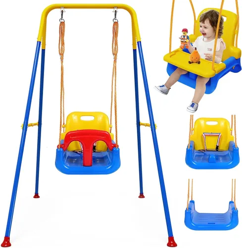 Miniatura 10 de Columpio mejorado para niños pequeños con bandeja, columpio para bebé al aire libre con diseño desmontable, cinturón de seguridad, marco plegable