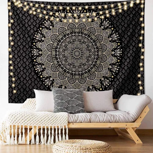 Miniatura 13 de Tapiz de mandala negro para colgar en la pared, tapiz psicodélico de pared, estético, indio, hippie, decoración bohemia para el hogar, dormitorio