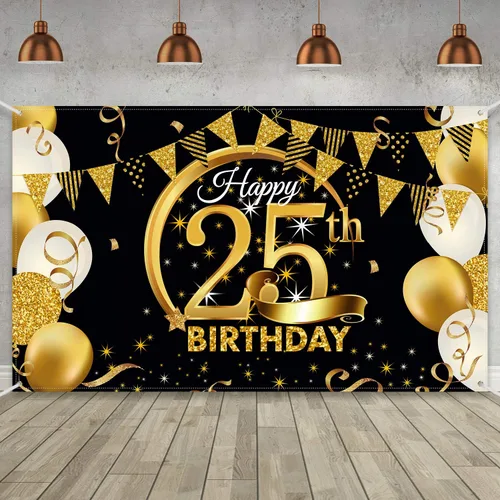 Miniatura 7 de Decoración de fiesta de cumpleaños número 15, cartel póster de tela extra grande negro y dorado para telón de fondo de cabina de fotos