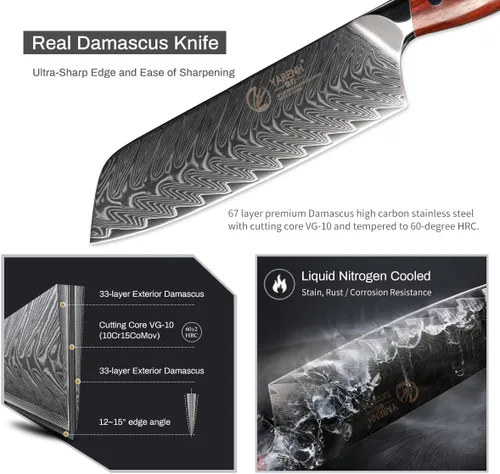 Miniatura 4 de YARENH Santoku - Cuchillo de chef de acero Damasco de 7 pulgadas, 67 capas, afilado de larga duración, resistente al óxido, cuchillo de cocina