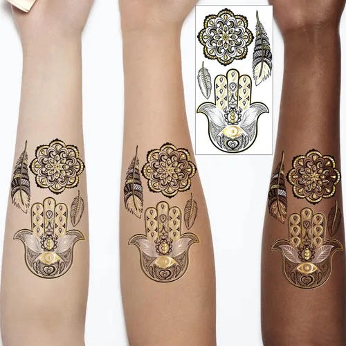 Miniatura 2 de Glaryyears Tatuaje temporal dorado metálico, paquete de 18 tatuajes falsos de larga duración, paquete variado de tatuajes realistas