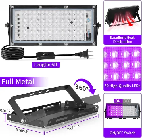 Miniatura 4 de Luces negras de 50 W con interruptor+enchufe, impermeable IP66, luz LED de inundación de luz negra para fiesta brillante, Halloween, dormitorio