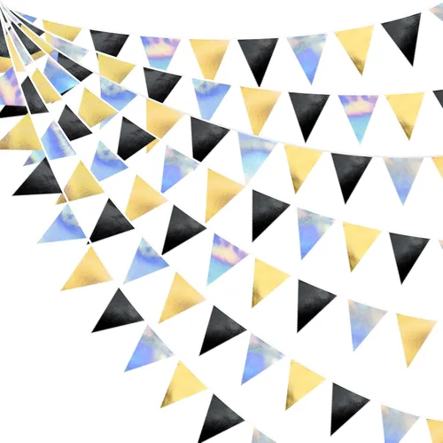 Miniatura 74 de Decoración de fiesta iridiscente de 33 pies, tela holográfica, banderín triangular, banderín de algodón, guirnalda de banderines para cumpleaños