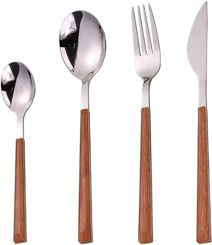 Miniatura 9 de Juego de cubiertos de madera de 32 piezas para 6 personas con mango de madera de imitación de madera de acero inoxidable para boda, hogar, cocina