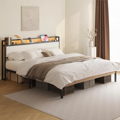 Miniatura 8 de LIKIMIO Base de cama tamaño King, cabecera de almacenamiento con luces LED y estación de carga, plataforma de metal, no necesita somier, sin ruido