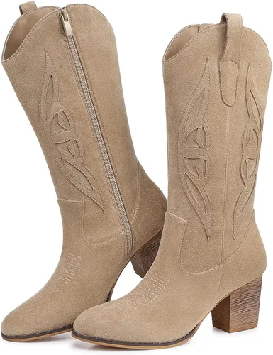Miniatura 4 de SHIBEVER Botas vaqueras para mujer Medio Botas vaqueras negras de pantorrilla ancha con bordado occidental de tacón alto con punta redonda