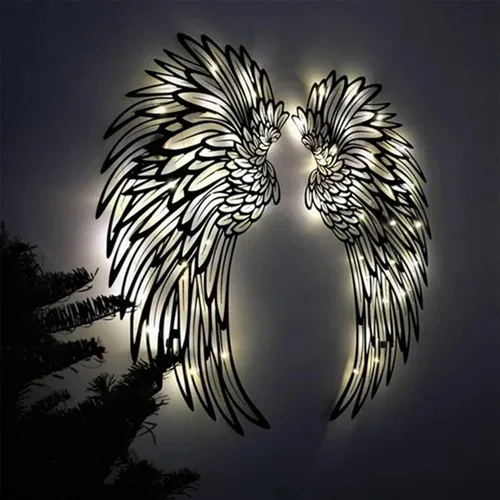 Miniatura 6 de Decoración de pared de alas de ángel de metal grandes, escultura de pared de alas de ángel LED, arte de alas brillantes para colgar en la pared