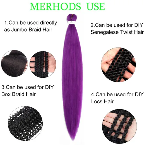 Miniatura 4 de Extensiones de cabello trenzado morado preestiradas, 20 pulgadas, 2 piezas de cabello sintético trenzado para niñas y mujeres, fiesta, disfraz