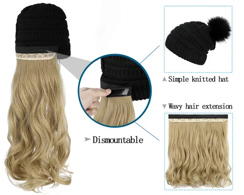 Miniatura 4 de Qlenkay Gorro Beanie con Extensiones de Cabello Largo Ondulado y Rizado Gorra de Punto Adjunta Peluca Sintética de 20 Pulgadas Pieza de Cabello