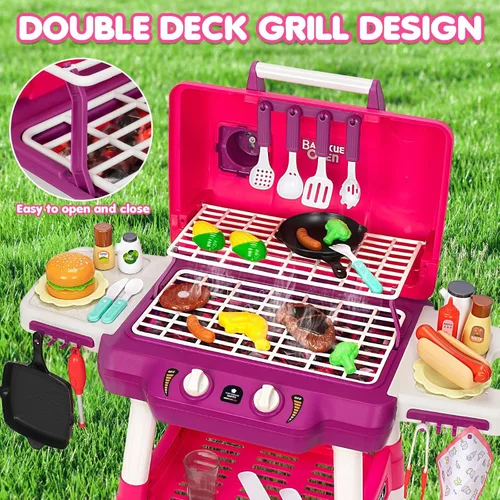 Miniatura 2 de Juguetes de Cocina para Niños, Set de Parrilla BBQ para Jugar con Sonido de Humo y Luz, Juguete de Barbacoa de 2 Capas con Ruedas, Set de Juguetes