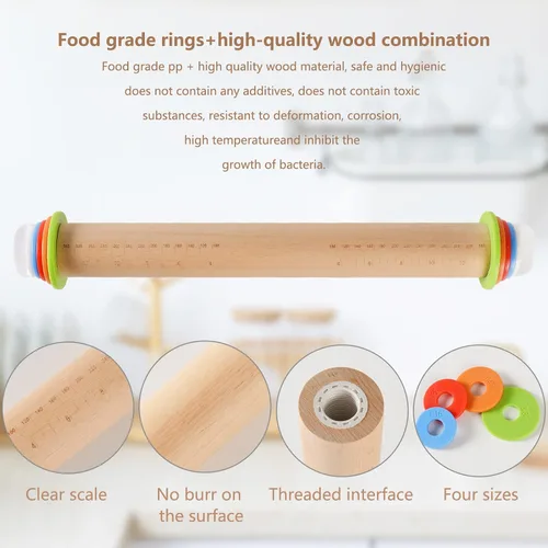 Miniatura 4 de Yasashii Rodillo de madera con 4 anillos de grosor ajustable, rodillo de masa antiadherente para hornear, rodillo de pizza de 17 pulgadas