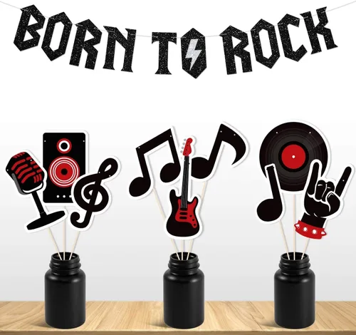 Miniatura 6 de Banner con purpurina Born to Rock con guirnalda de notas musicales, decoraciones de fiesta de los años 50, suministros de fiesta de cumpleaños