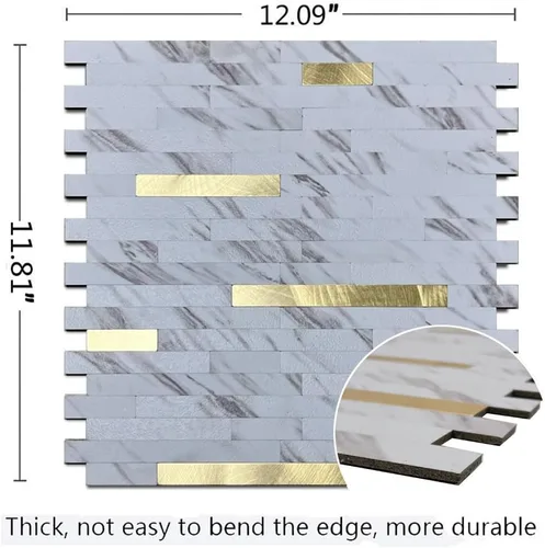 Miniatura 2 de Azulejo contra salpicaduras de 10 hojas, azulejos de metal mixto de PVC para cocina (mármol blanco + dorado 2, 10)