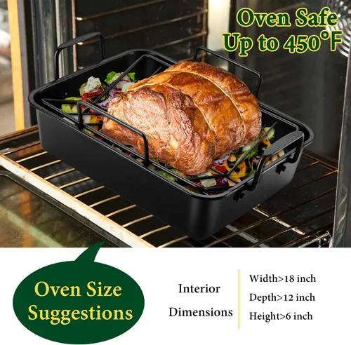 Miniatura 4 de E-far Bandeja para asar con rejillas, asador pequeño de pavo de acero inoxidable con rejilla en forma de V y rejilla de enfriamiento para horno