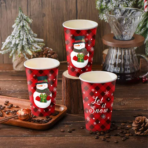 Miniatura 4 de CIOEY Vasos de papel desechables de Navidad, diseño de muñeco de nieve rojo y negro, diseño de búfalo para Feliz Navidad, decoraciones de fiesta