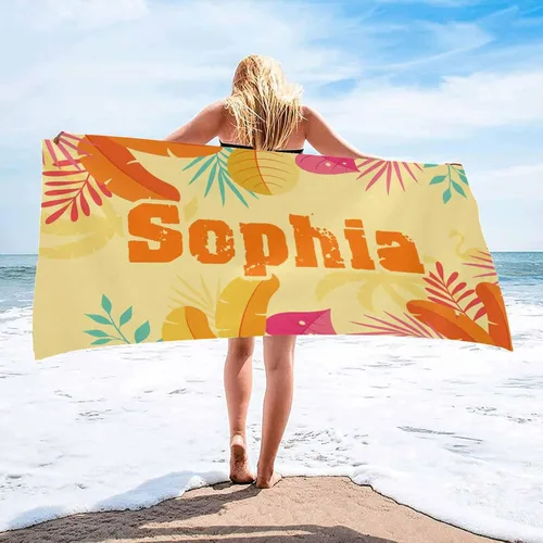 InterestPrint Toalla de playa personalizada para mujeres y hombres, hojas tropicales, naranja, toallas de playa personalizadas con nombres, manta de