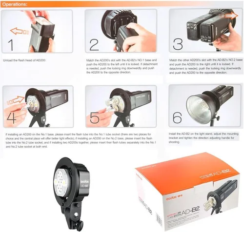 Miniatura 7 de Godox AD200 AD-B2 Bowens Mount doble tubos luz cabeza soporte para AD200 Pro II AD200 Pro AD200 Pro AD200 flash de doble potencia portátil Ahieve