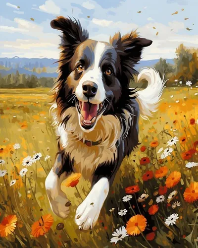 Miniatura 9 de Pintura al óleo por números para principiantes, Border Collie corriendo sobre la hierba, kits de pintura por números, pintura al óleo, lienzo