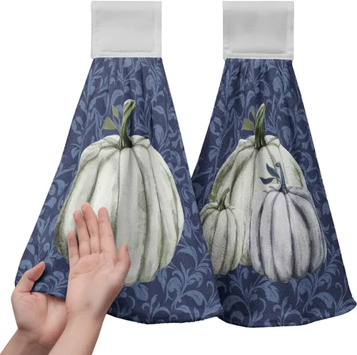 Miniatura 26 de Juego de 2 toallas de cocina colgantes de hojas tropicales de verano, color verde, hojas de palmera, con bucles para colgar, suaves y absorbentes