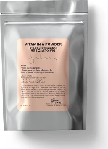 Vitamina A en polvo palmitato de retinilo, retinol puro en polvo, vitamina soluble en agua, vitamina A USP y grado cosmético (4 onzas / 3.99 oz)