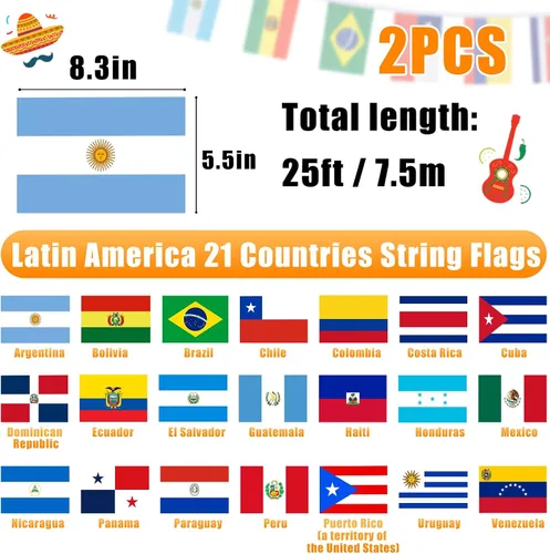Miniatura 5 de Juego de 2 banderas de cadena de América Latina de 21 países, decoraciones del mes de la herencia hispana, banderas de bandera latina surtidas de 25