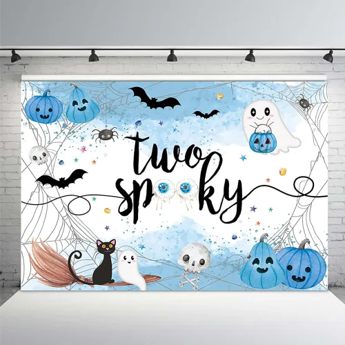 Miniatura 8 de MEHOFOND Fondo espeluznante de Halloween de 7 x 5 pies, fondo azul acuarela Little Boo Baby Shower para niños, telaraña de murciélago, calabaza