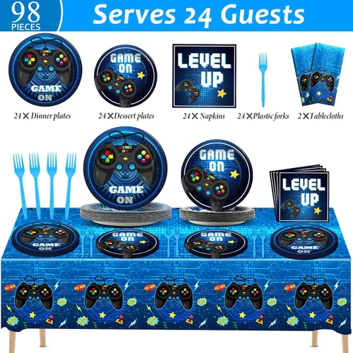 Miniatura 2 de Juego de suministros para fiesta de videojuegos, vajilla para 24 invitados, platos para fiesta de cumpleaños temática de juegos, decoración