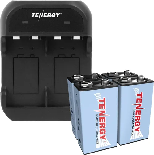 Tenergy Batería recargable de 9 V, 250 mAh, paquete de 4 baterías NiMH Square con cargador de batería de 2 bahías de 9 V para alarma de humo/detector