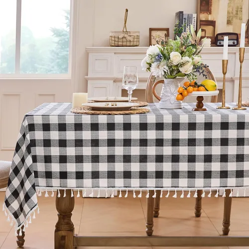 Miniatura 19 de JIALE - Mantel cuadrado de lino de algodón de cuadros Gingham con borlas, lavable, sin arrugas, mantel a cuadros de búfalo para fiesta al aire
