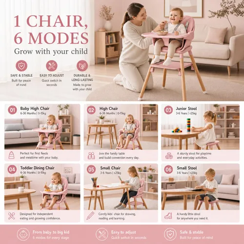 Miniatura 4 de Silla alta para bebé, sillas altas convertibles de madera 6 en 1 para niños pequeños, asiento elevador con doble bandeja y reposapiés reversible