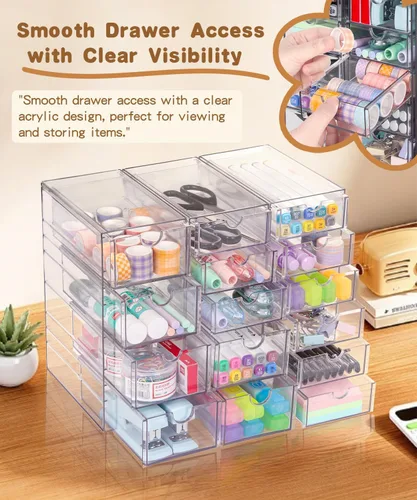 Miniatura 7 de VZKAH Organizador de acrílico transparente con cajones Unidad de escritorio de 15 cajones Organizador de maquillaje y escritorio y caja
