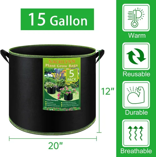 Miniatura 2 de Nachlynn - Paquete de 5 bolsas de cultivo de 57 lt de tela no tejida engrosada, macetas de tela de aireación resistente con asas para plantas