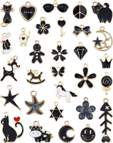 YETOOME 30 dijes de esmalte negro surtidos para aretes, collares, pulseras, fabricación de joyas y manualidades, Acero aleado, No es una piedra