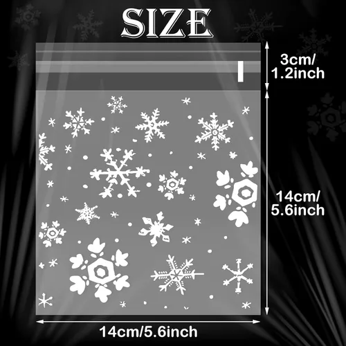 Miniatura 2 de Yinder 500 bolsas de invierno para galletas de invierno, bolsa de celofán con copos de nieve, bolsa de dulces autoadhesiva para suministros de Blanco
