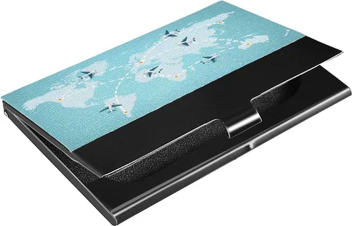 ALAZA World Map Airplanes Flying Portatarjetas de visita de cuero de acero inoxidable delgado bolsillo cartera portatarjetas multicolor 13