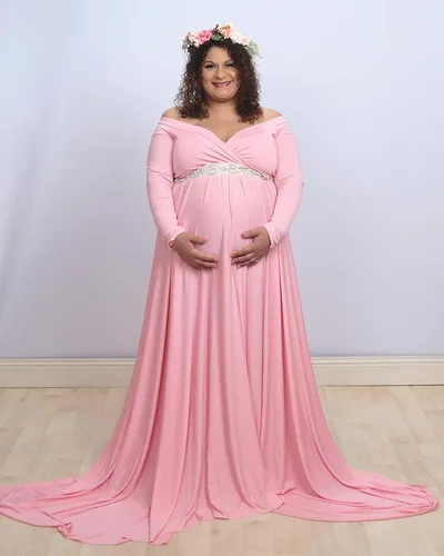 Miniatura 3 de Saslax - Vestido de noche de maternidad con hombros descubiertos, corte de medio círculo, para baby shower, fotos