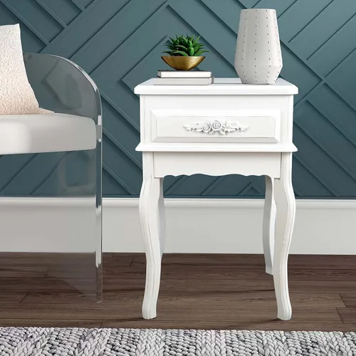 Miniatura 6 de Westcharm Mesita de noche vintage blanca pequeña Mesa auxiliar Queen Anne Mesa auxiliar de madera antigua Shabby Chic Mesita de noche